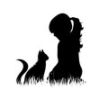 © majivecka - Vector silhouette of girl with cat in the grass on white background.