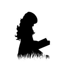 Canvas Print - Vector silhouette of girl who read book on the grass on white background.