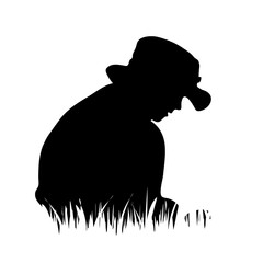 Poster - Vector silhouette of boy sit in the grass on white background.