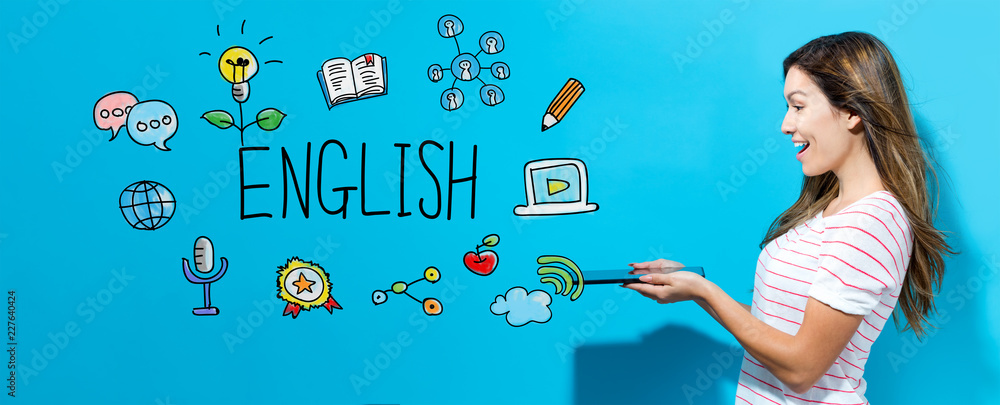 Fotografering English with young woman using her tablet