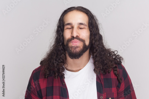 Funny In Love Handsome Man With Beard And Black Long Curly