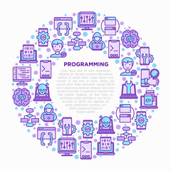 Wall Mural - programming concept in circle with thin line icons: developer, code, algorithm, technical support, p