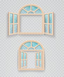 Wooden window open and closed on transparent background. Exterior and interior window frames.