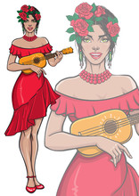 Singing Lady Playing Ukulele Guitar. Beautiful Smiling Female In Fashionable Summer Red Dress With Flower Hair Wreath. Vector Illustration In Pop Art, Comic, Pin Up Style. Isolated Mascot Poster.