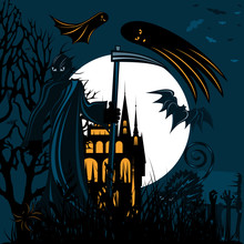 Grim Reaper Holding Sickle In One Hand At Night On A Blue Moon Day Near A Haunted Lone House With Flying Bats And Ghosts In The Background With A Cat And Freaky Zombie Hands At The Foreground
