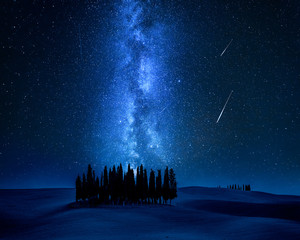 Wall Mural - cypress trees, milky way and falling stars, tuscany, italy