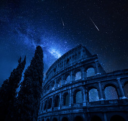 Wall Mural - colosseum in rome with milky way and falling stars, italy