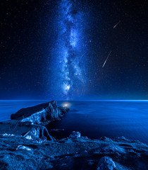 Wall Mural - neist point lighthouse and falling stars, isle of skye, scotland