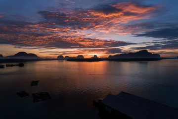 Beautiful light sunrise in the morning at Ban Sam Chong Tai Village phang-nga province thailand.