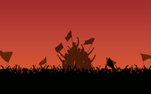 Silhouette Group Of People Raised Fist And Flags Protest In Flat Icon Design With Red Color Evening Sky Background