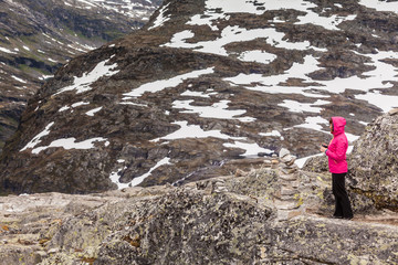 Poster - Tourist woman on Dalsnibba viewpoint Norway