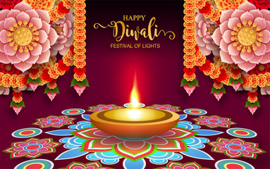 Wall Mural - Happy Diwali festival card with gold diya patterned and crystals on paper color Background.