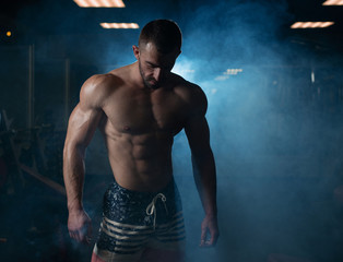 Athletic man with a muscular body poses in the gym, showing off his muscles. The concept of a healthy lifestyle