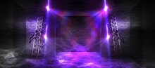 Background Of An Empty Corridor, Basement, Tunnel With Brick, Old Walls And Neon Lights. Brick Walls, Neon, Smoke. Empty Background Scene, Bright