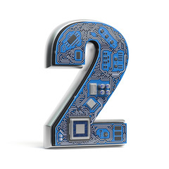 Number 2 two, Alphabet in circuit board style. Digital hi-tech letter isolated on white.