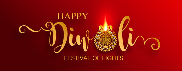 Wall Mural - Happy Diwali festival card with gold diya patterned and crystals on paper color Background.