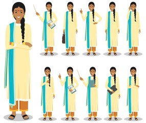 Business concept. Detailed illustration of indian businesswoman standing in different positions in flat style isolated on white background. Vector illustration.