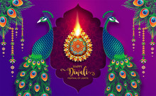 Happy Diwali Festival Card With Gold Diya Patterned And Crystals On Paper Color Background.