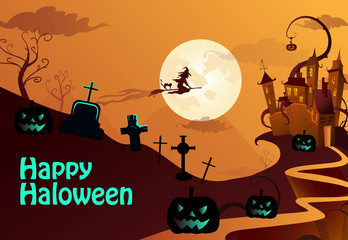 Wall Mural - Happy Halloween lettering with pumpkins, castle and moon. Invitation, greeting card or advertising design. Typed text, calligraphy. For leaflets, brochures, invitations, posters or banners.