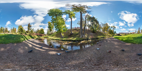 Wall Mural - full seamless spherical panorama 360 by 180 degrees angle view on the shore of small river with ducks in city park in summer day in equirectangular projection, AR VR virtual reality content