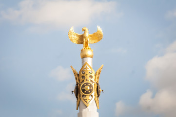 ASTANA, KAZAKHSTAN. October 11, 2018. Top of the column of the Kazakh eli monument at the Independence Square in the downtown Astana. Kazakhstan Independence Day concept image.