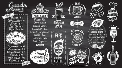 Wall Mural - Cafe menu chalkboard design set, hand drawn line graphic illustration with pastries and drinks, vegan menu, coffee and tea symbols