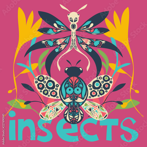 Fotografering folk art decorative bugs in fun bright colours with stylised flowers