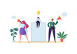 © Pavlo Syvak - Business Advertising Concept. Woman with Blank Banner, Poster, Characters with Megaphone. Teamwork Marketing Presentation, Announcement. Vector illustration