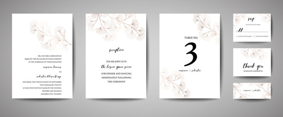 wedding invitation, floral invite thank you, rsvp modern card design in copper ginkgo biloba leaves 