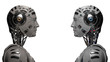 © Mykola - two futuristic robots looking at each other. Two identical cyborgs. Isolated on white background. 3D illustration