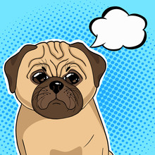 Pug Dog With Thinking Balloon Vector Illustration In Pop Art Retro Style.