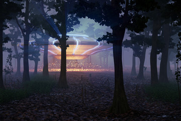 Wall Mural - ufo landing in the forest at night, science fiction scene with alien spaceship