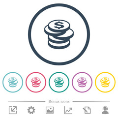 Sticker - Stack of Dollar coins flat color icons in round outlines