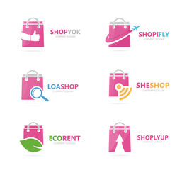 Poster - Set of shop logo combination. Deal and retail symbol or icon. Unique sale and bag logotype design template.