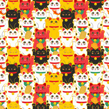 Maneki-neko Cat. Seamless Pattern With Sitting Hand Drawn Lucky Cats. Japanese Culture. Doodle Drawing. Vector Illustration - Swatch Inside
