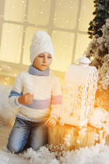 Wall Mural - Boy in a white and blue sweater and white hat is holding a decorative lantern near the Christmas fir.