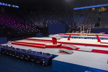 A gymnastic vaulting horse in a gymnastic arena 