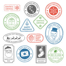 Santa Claus Post Stamp. Christmas Mail Letter Stamps, North Pole Postmark And Postage Mark Xmas Holiday Card Label Vector Set