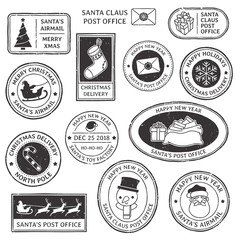 Wall Mural - Christmas stamp. Vintage Santa Claus postmark, north pole mail cachet and snowflake symbol on stamps vector illustration set