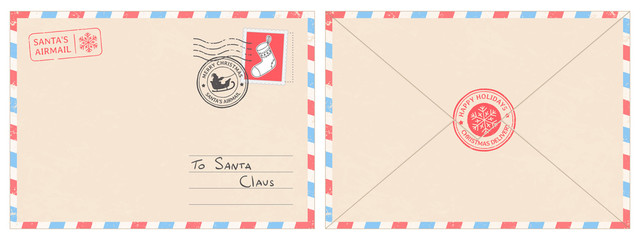 Dear santa claus mail envelope. Christmas surprise letter, child postcard with north pole postmark cachet vector illustration