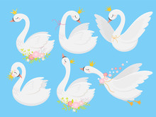 Cute Princess Swan. Beautiful White Swans In Gold Crown, Cartoon Goose Bird And Duckling Vector Illustration Set