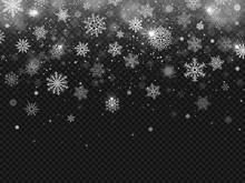 Winter Falling Snow. Snowflakes Fall, Christmas Decorations Snowflake And Snowed Snowstorm Isolated Vector Background