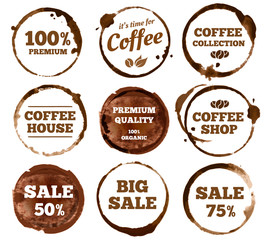 Wall Mural - Coffee labels. Watercolor dirty espresso cup ring stain logo. Vector isolated illustration