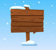 Wooden sign in snow. Christmas winter holidays signpost. Cartoon wood vector sign