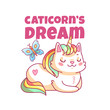 Cat unicorn poster. Cute cartoon caticorn, funny magic kitty pet. Kids girl clothes print vector