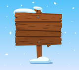 Fototapeta  - Wooden sign in snow. Christmas winter holidays signpost. Cartoon wood vector sign