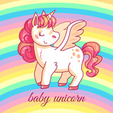 Fototapeta  - Cute baby unicorn. cartoon fairy magic pony on rainbow. Funny horse girlish t-shirt or sticker vector design