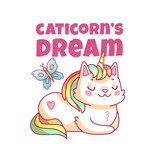 Fototapeta  - Cat unicorn poster. Cute cartoon caticorn, funny magic kitty pet. Kids girl clothes print vector