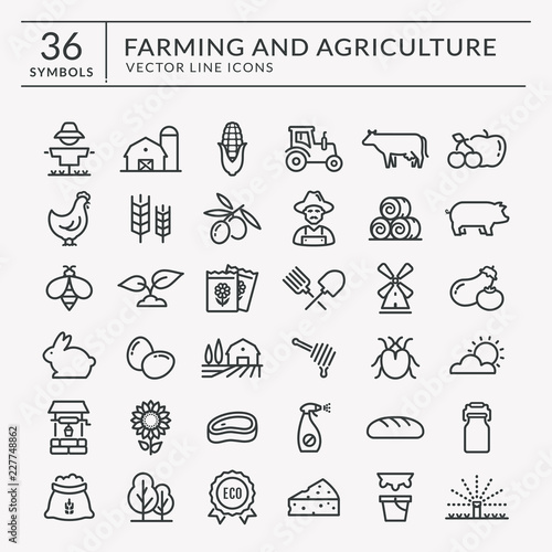 Cuadros en Lienzo Farm and agriculture vector line icons.