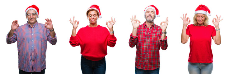 Sticker - Collage of group of middle age and senior people wearing christmas hat over isolated background relax and smiling with eyes closed doing meditation gesture with fingers. Yoga concept.